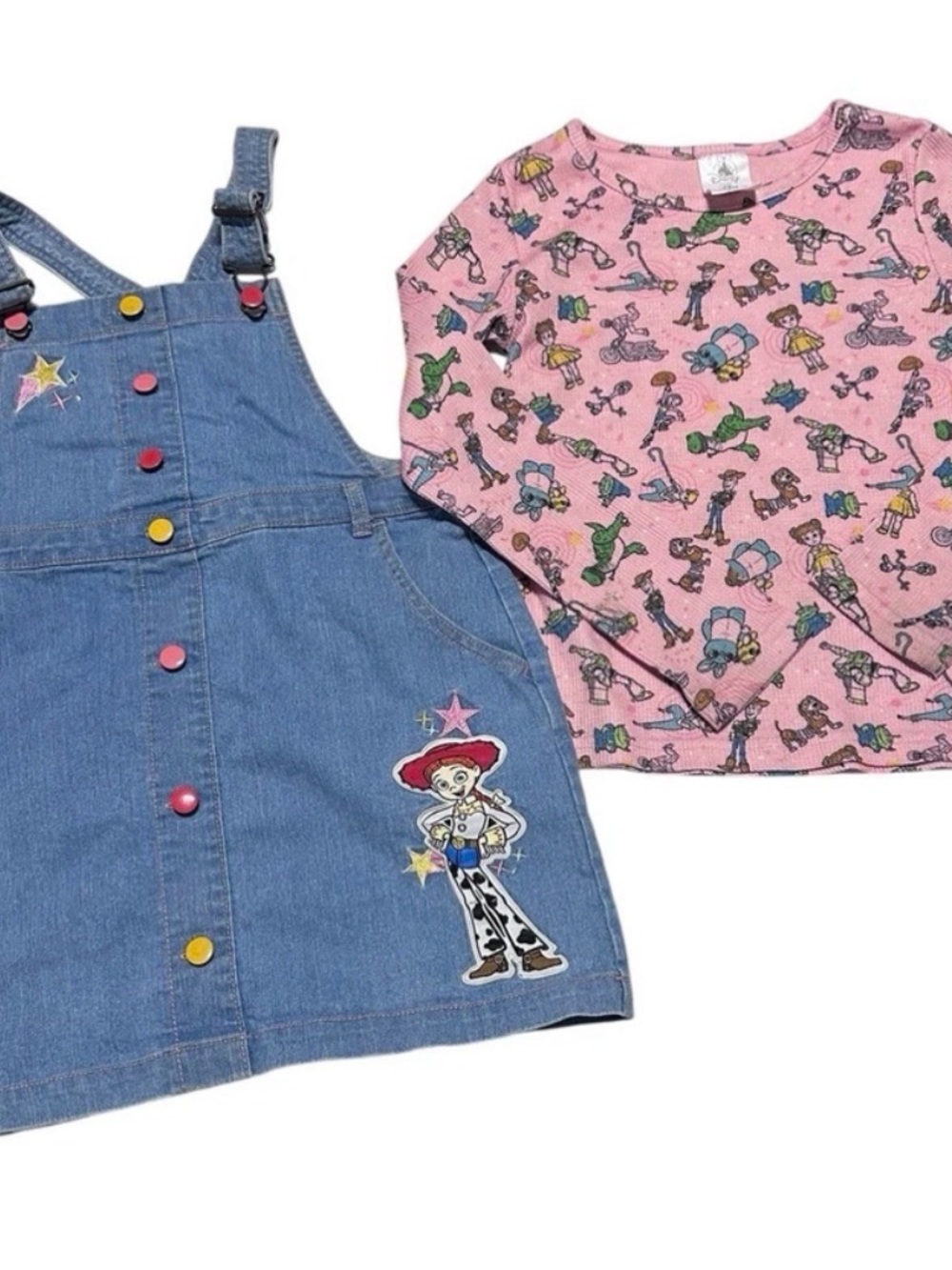 Disney Light Blue Denim Overall Dress with Pink Stitching - Picture 2 of 7